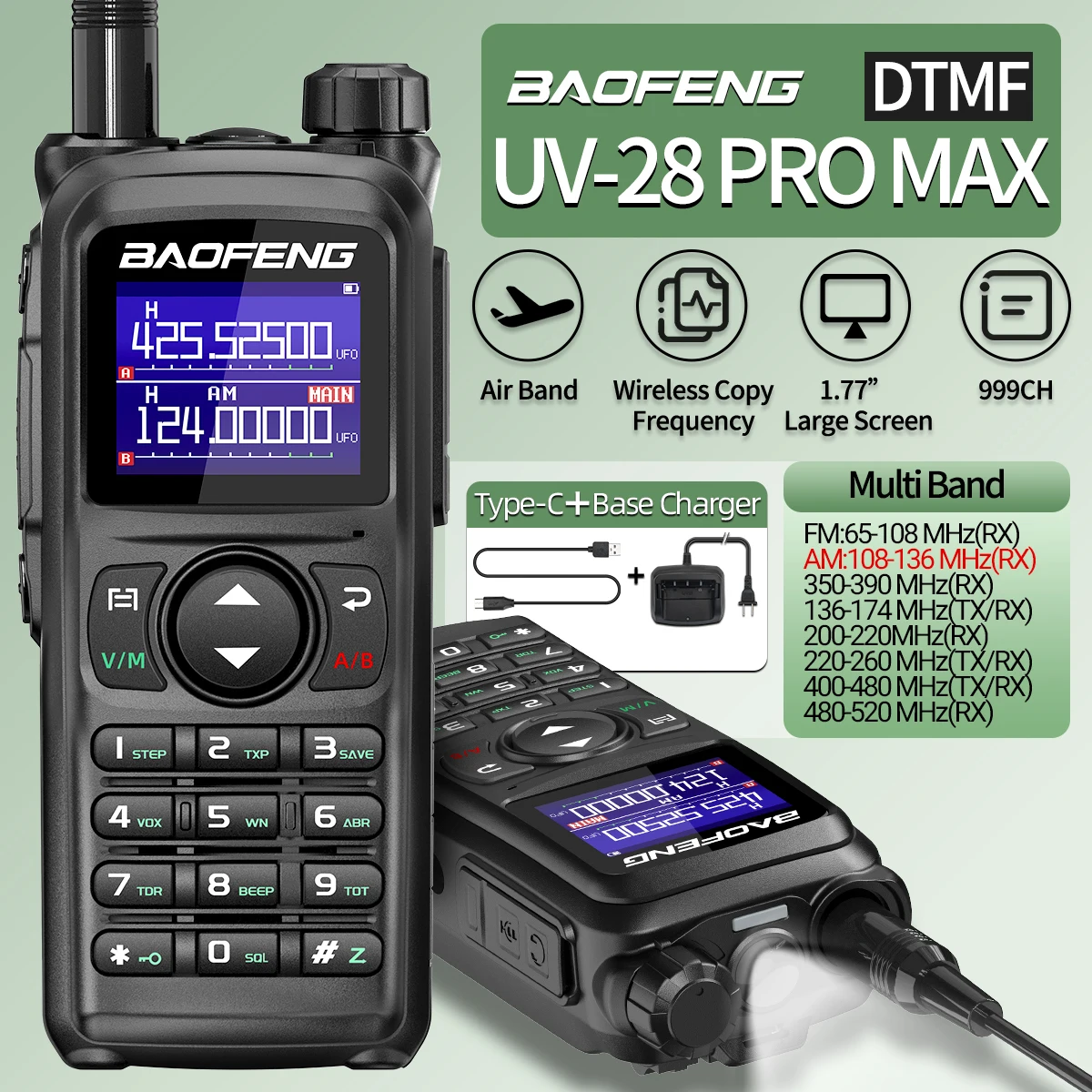 Baofeng UV-28 PRO Max Walkie Talkie 10W Multi-Band Wireless Copy Frequency Long Range Receiver Type-C AM Two Way Portable Radio