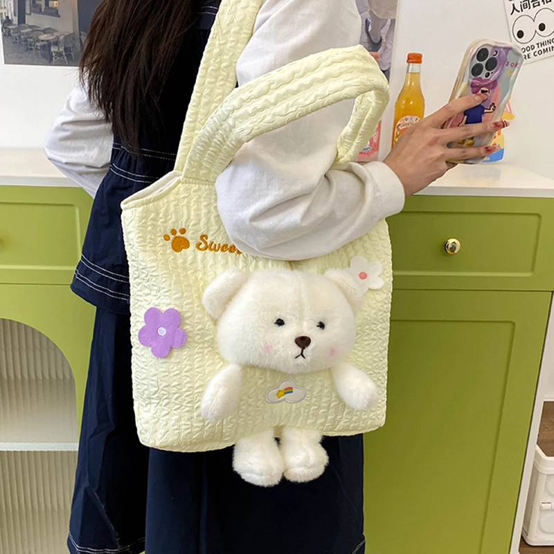 Cute Tote Bag Girl Tank Top Bag Fashion Cubic Bear Shoulder Bag Cotton Canvas Large Capacity Handbag Embroidery Handbag Korean