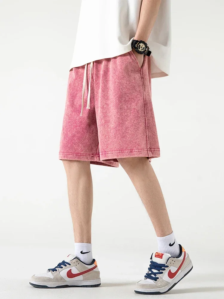LIBIELIY 2024 New Distressed Summer Shorts Men 320G Heavy Cotton Drawstring Harajuku Loose Sweatshorts Male Casual Short Pant S