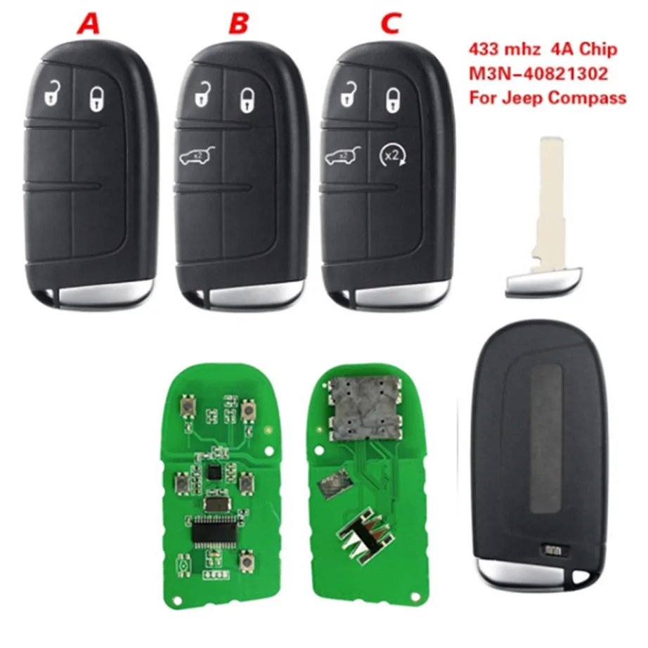 5PCS/LOT 2/3/4 button SIP22 Blade 4A Chip 433MHz Car Remote Key M3N40821302 For Jeep Compass Renegade Dodge Fiat 500 500L 500X