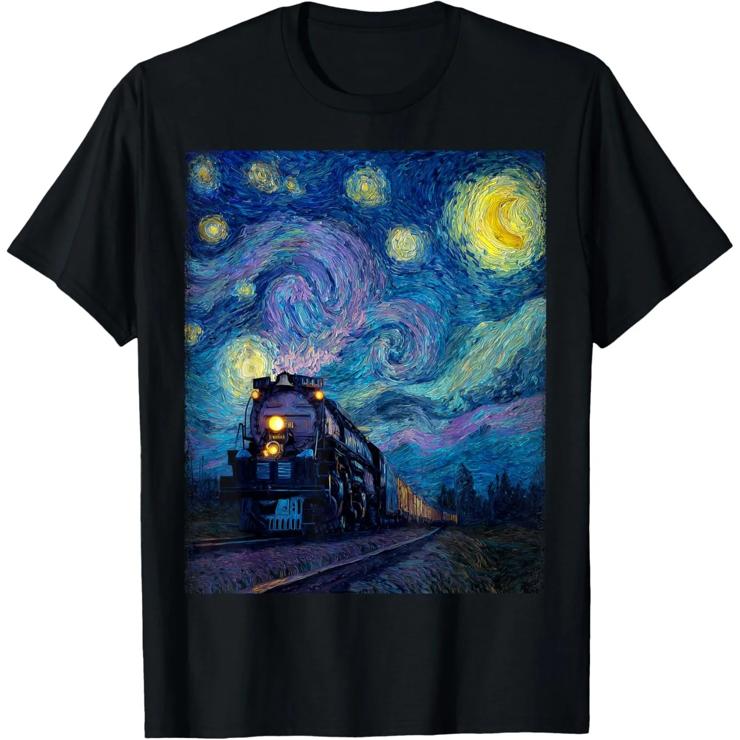 Steam Locomotive Van Gogh Style Graphic Tee Train Enthusiast Men's Casual Round Neck T-Shirt