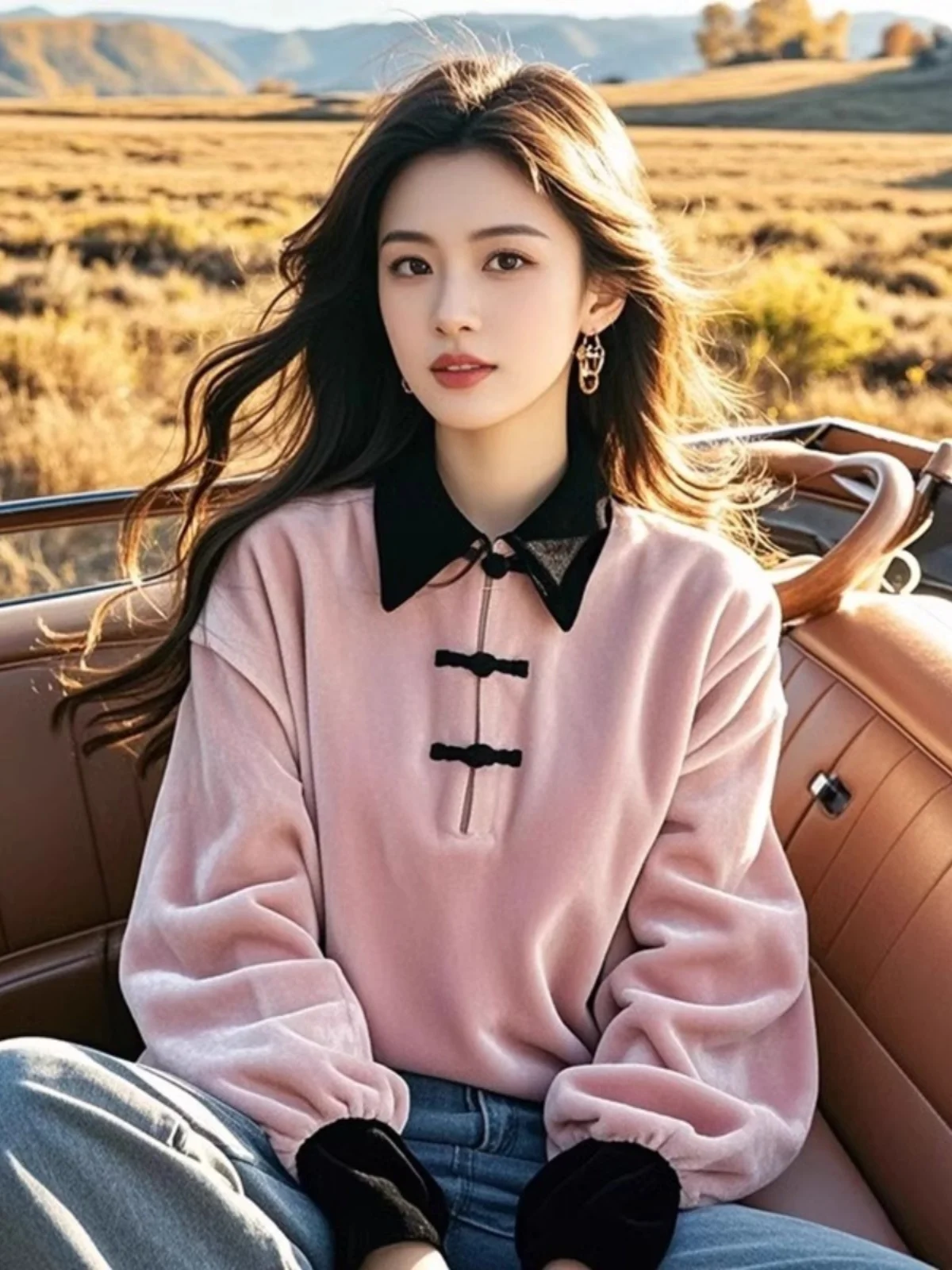 

Розовый бархатный свитшот Ne, женская новая китайская толстовка с национальным ветром на пуговицах, верхняя одежда, пальто, корейский свободный крой, длинный све