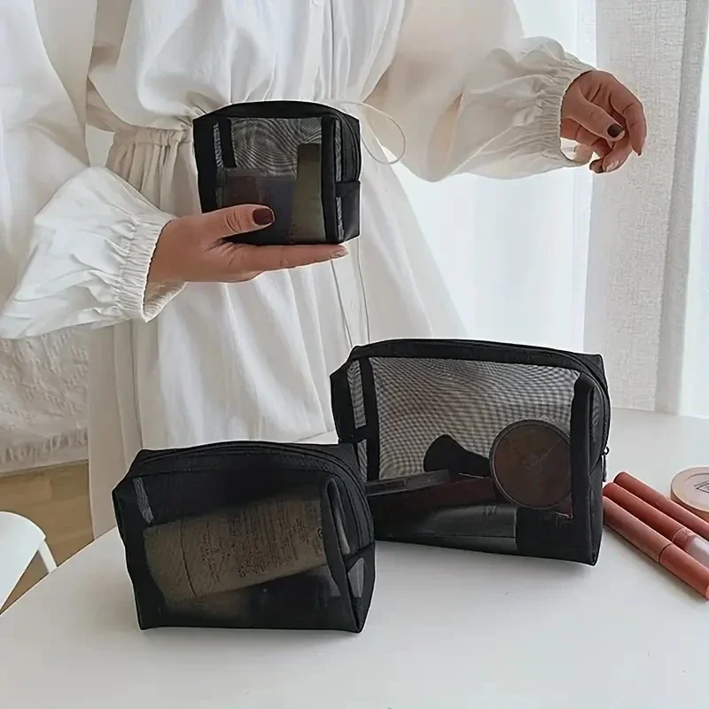 Neceser de malla negra para hombre y mujer, bolsa de aseo de 1/3 piezas, sólida, pequeña y grande, organizador de maquillaje portátil, bolsa de