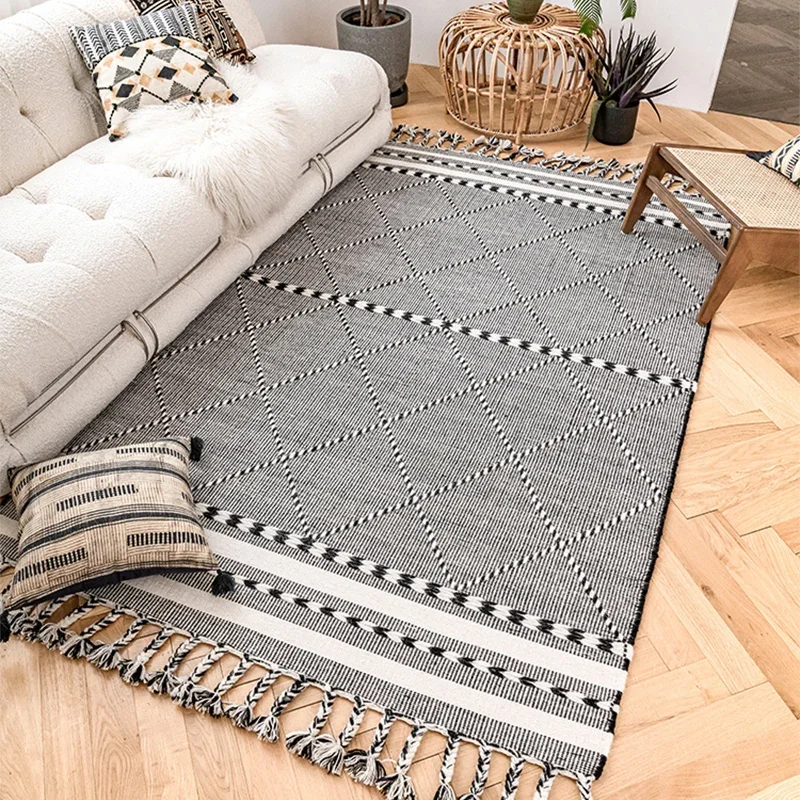 

Hand Woven Wool Carpet Nordic Large Rug for Bedroom Decor Morocco Carpet Living Room Dining Coffee Table Mat Tassel Carpet