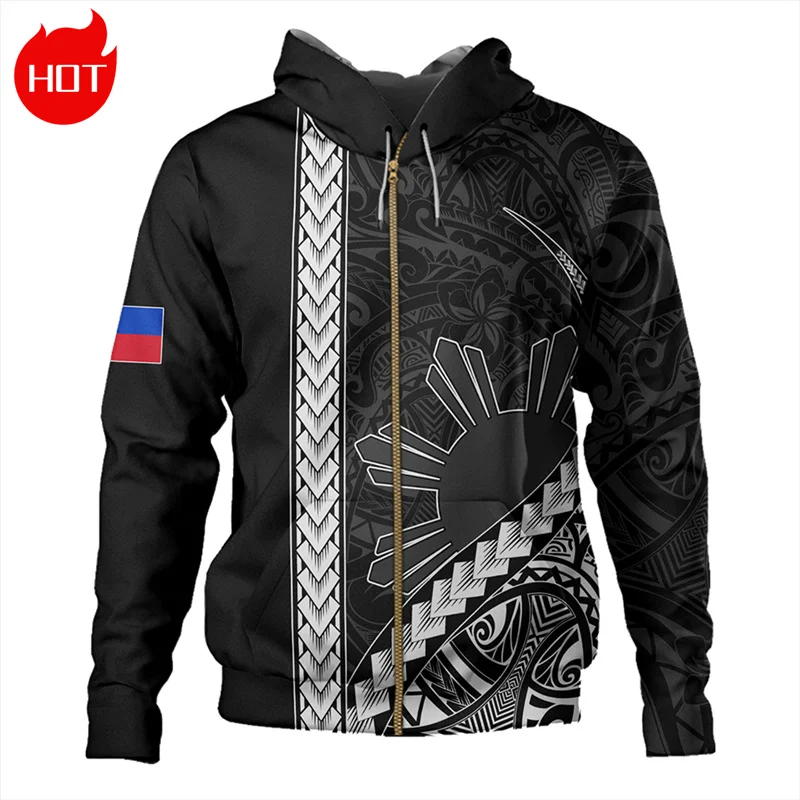 Vintage 3D Print Polynesian Philippines Coat Of Arms Zip Up Hoodies Philippines Tribal Tattoo Graphic Mens Sweatshirts Pullovers