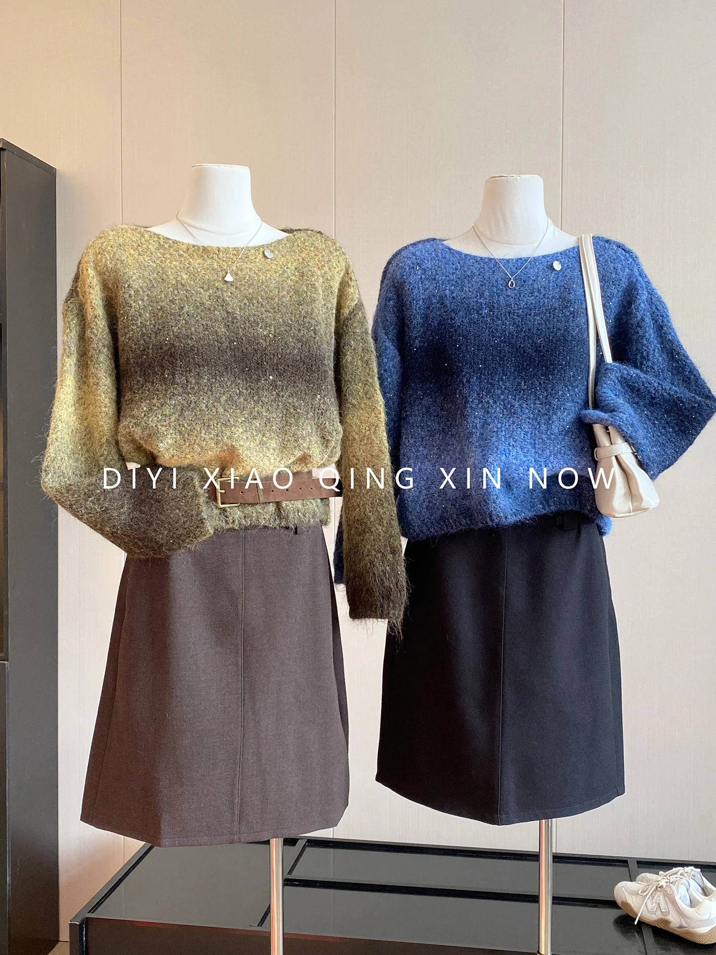 Women's Knitted Sweater round Neck Loose Fit Starry Night Blue Top Glitter Gradient Opaque Polyester Winter Atmosphere Feeling