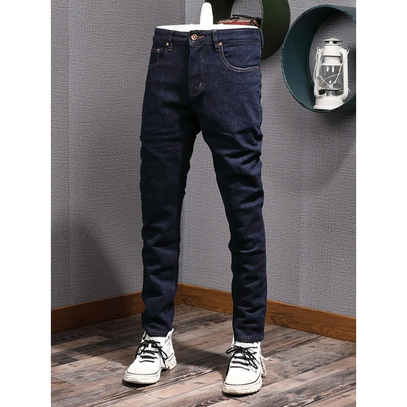 Japanese style fashionable koi fish bone embroidered printed jeans for men, slim fit and elastic small leg original color pants