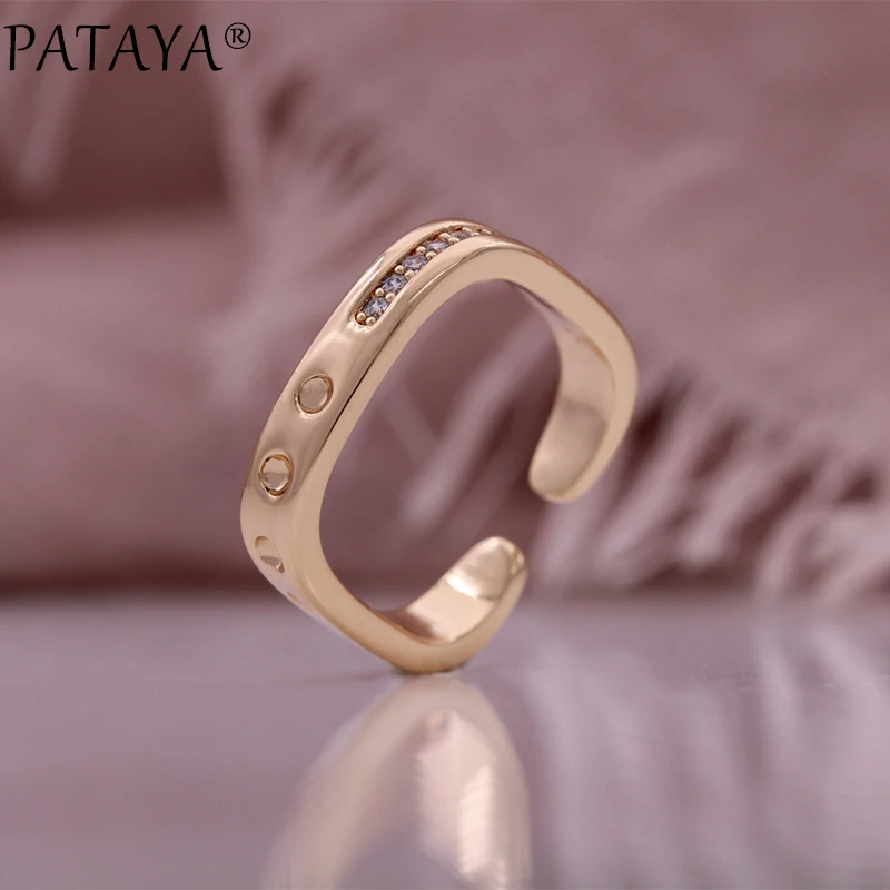 PATAYA Hot Fashion Glossy Square Ring for Women Unique 585 Rose Gold Color Fine Daily Vintage Jewelry Gift