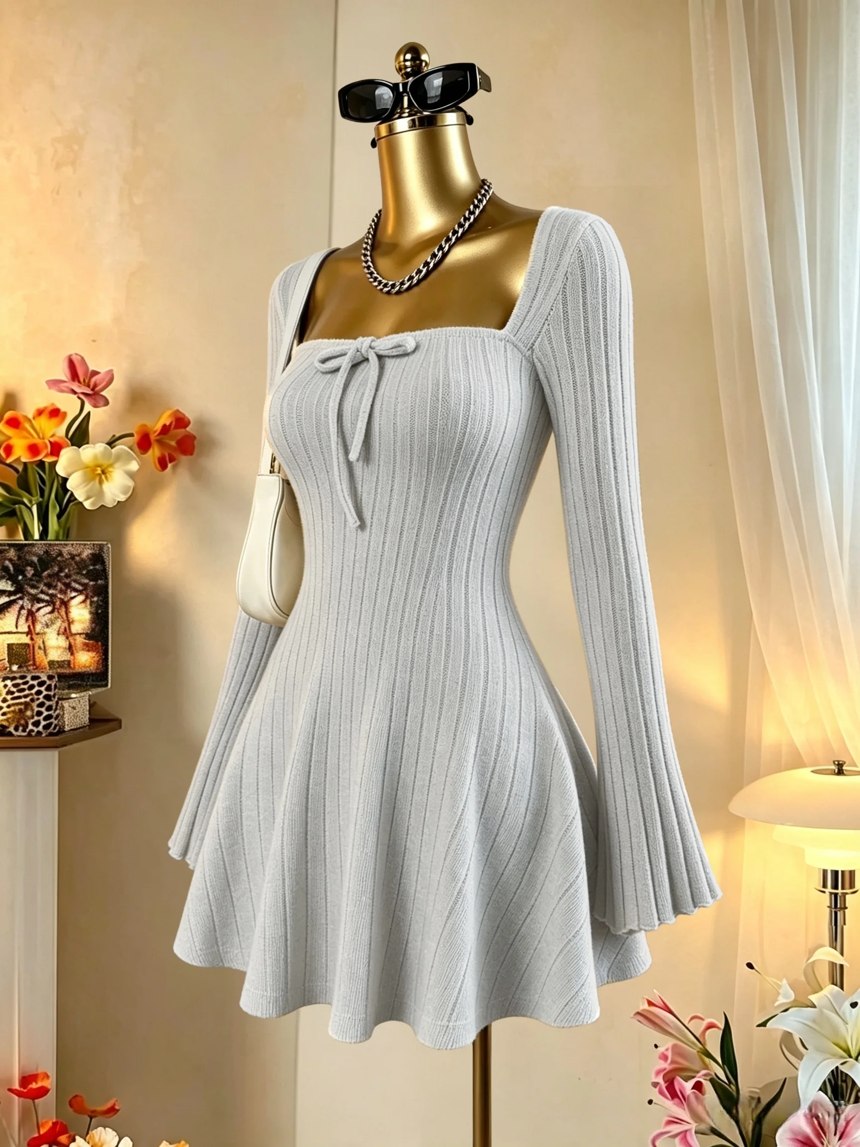 Damen-Minikleid mit quadratischem Ausschnitt, vorne gebunden, gerippt, ausgestellter Rock, lange Ärmel, tailliert, A-Linie, Y2K, sexy Kleid – Detail 8