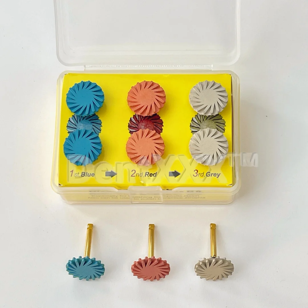 6 Composite Resin Polishing Discs, Rubber Polishing Wheels 14mm, 3-Color Cyclone Wheels with Gold Ra Shank, Shank Diameter 2.35mm, for Soft Metals, Wood, Stone, Pvc, Jade, Ceramic Tiles, Marble, Plastic, Agate, Glass, Crystal, and Non-Ferrous Metals view 6