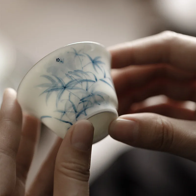 Handmade Jingdezhen Blue White Gaiwan Kung Fu Tea Set Thin Wall Silver Rim Tea Cup Tasting Bowl Porcelain