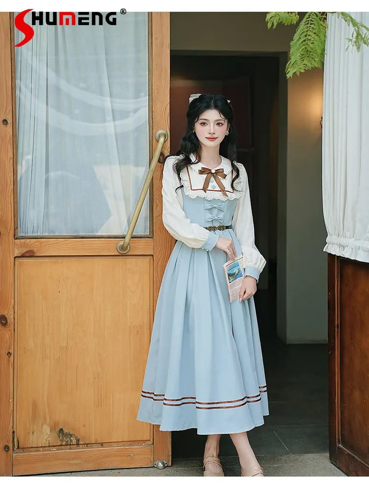 

2026 Spring French Vintage Preppy Style Splicing Doll Collar Bow Long Sleeve High Waist Slim A-line Sweet Blue Long Dress Women