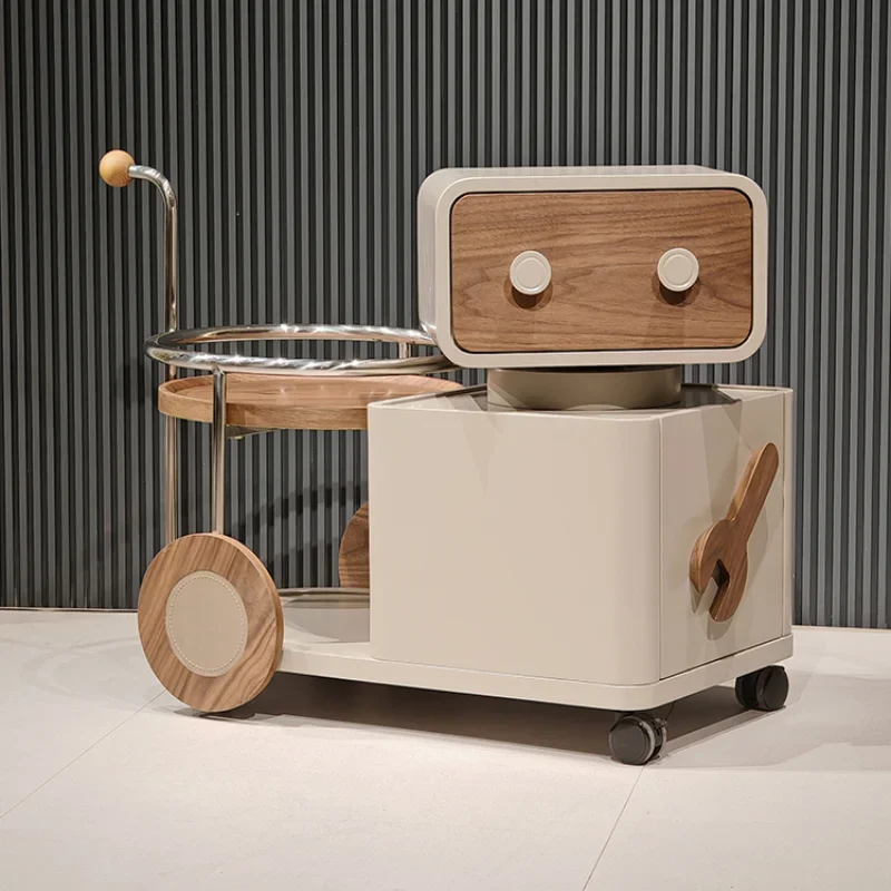 

Robot Cart Movable Sofa Side Table Modern Simple Creative Walnut Rotating High-grade Bedside Cabinet
