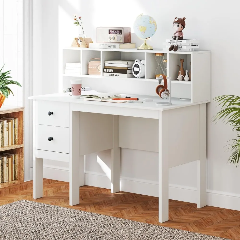 مكتب أبيض حديث مع أدراج وخزانة، مكتب كتابة للمكتب المنزلي مع محطة شحن ومساحة للكمبيوتر المحمول #2