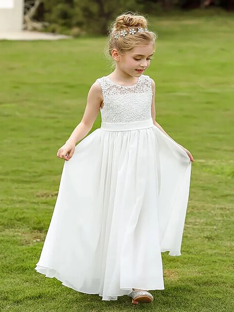 

white Chiffon Flower Girl dress Lace backless belt kids first formal occasion wedding bridesmaid princess birthday ball gown