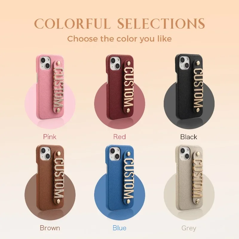 for IPhone16 15 14 13 12 11Pro ProMax Plus Mini Series New Luxury Monogrammed Leather Phone Case Custom Name Metal Letters Cover