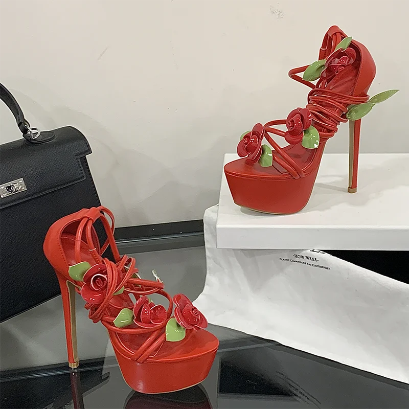 

Aneikeh Bohemian Style Fashion High-heeled Platform Women's Sandals Red Wedding Shoes Thin Crisscross Straps High-heeled Shoes