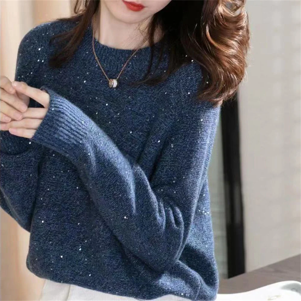 2024 autumn winter new solid color shiny wool Pullover Korean Fashion sweater women's Sequin bottomed sweaters Basic outerwear