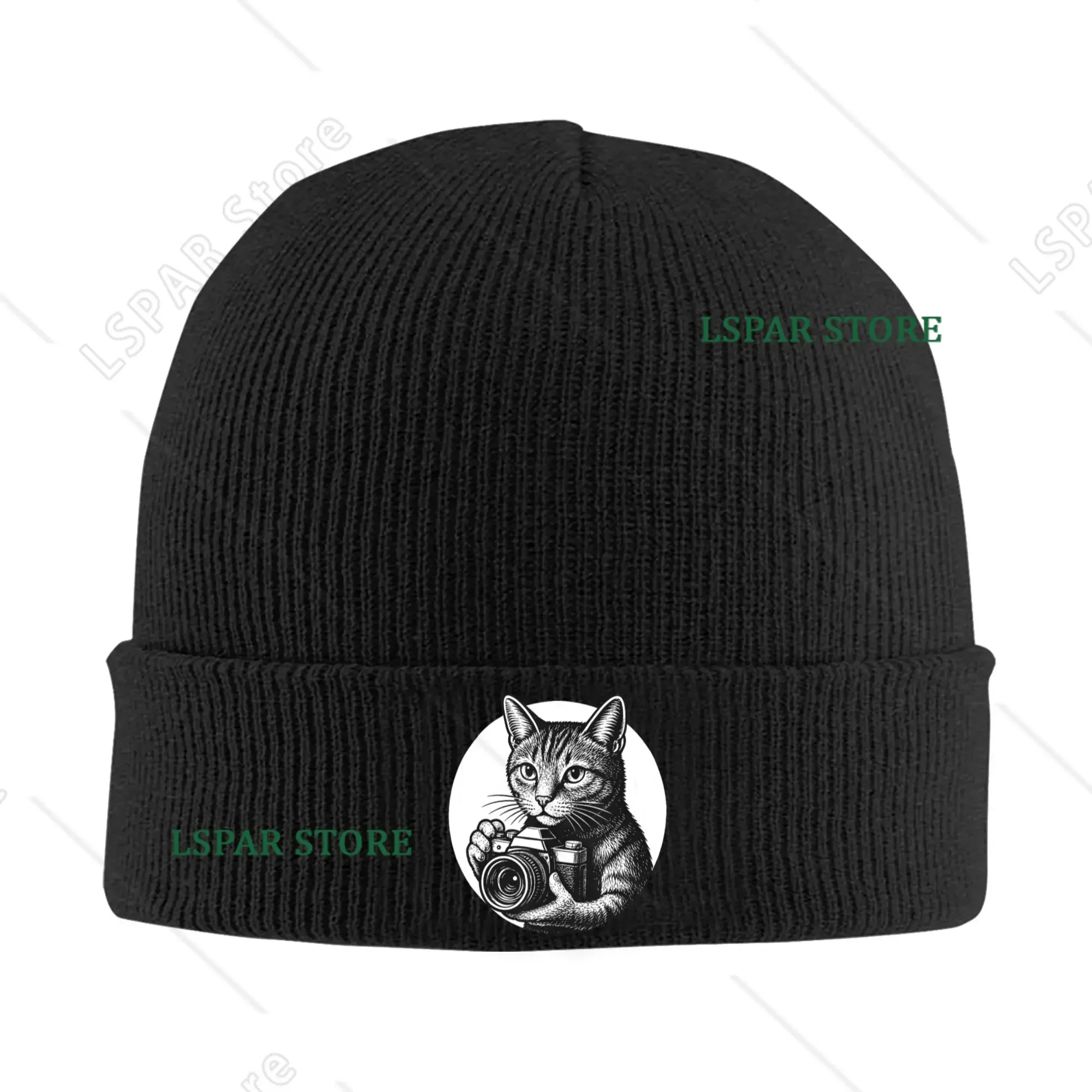 Men Women Unisex Cat Photographer Holding Camera Beanie Hats  Cool Knit Hat Autumn Kpop Caps Graphic Warm Soft Bonnet Hats
