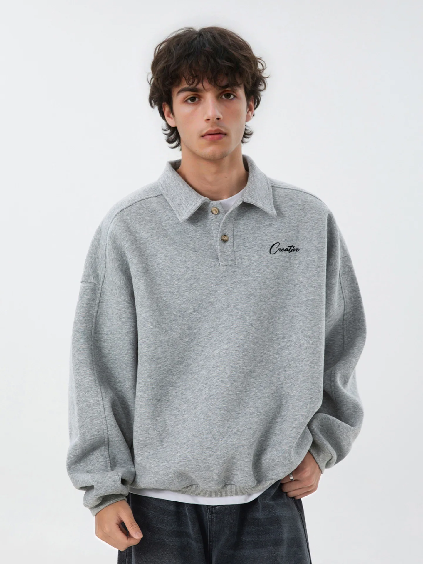 

Textured Oversized Lapel Collar Pullover - Men's Retro Long Sleeve Polo Shirt with Button Placket, Fall New Arrival