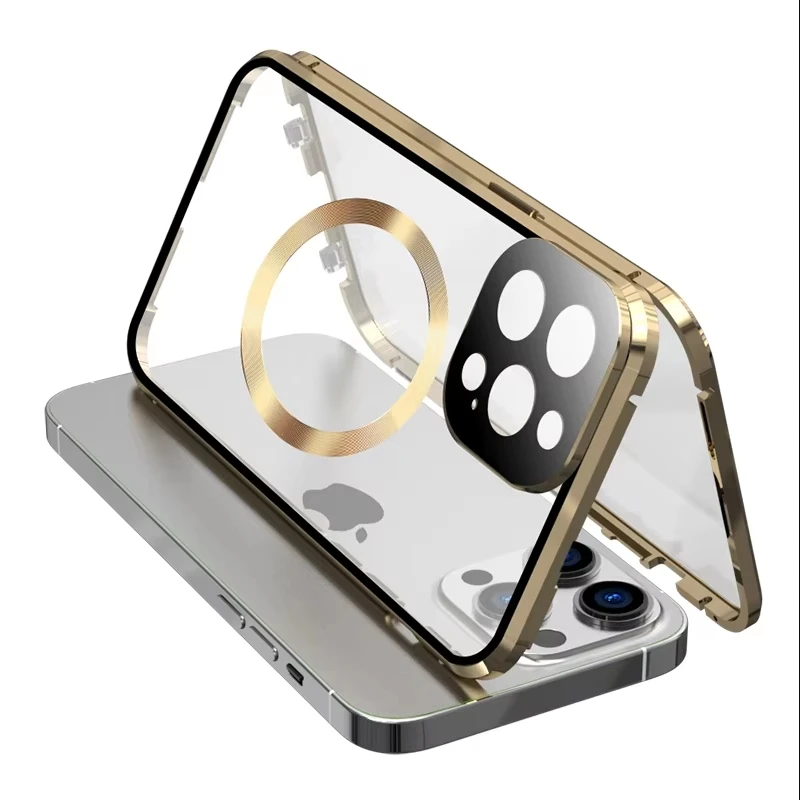 For iPhone 16 15 14 13 Pro Max Case Magnetic Magsafe Compatible 360° Full Screen Glass Closed Aluminium Alloy Protection Cover