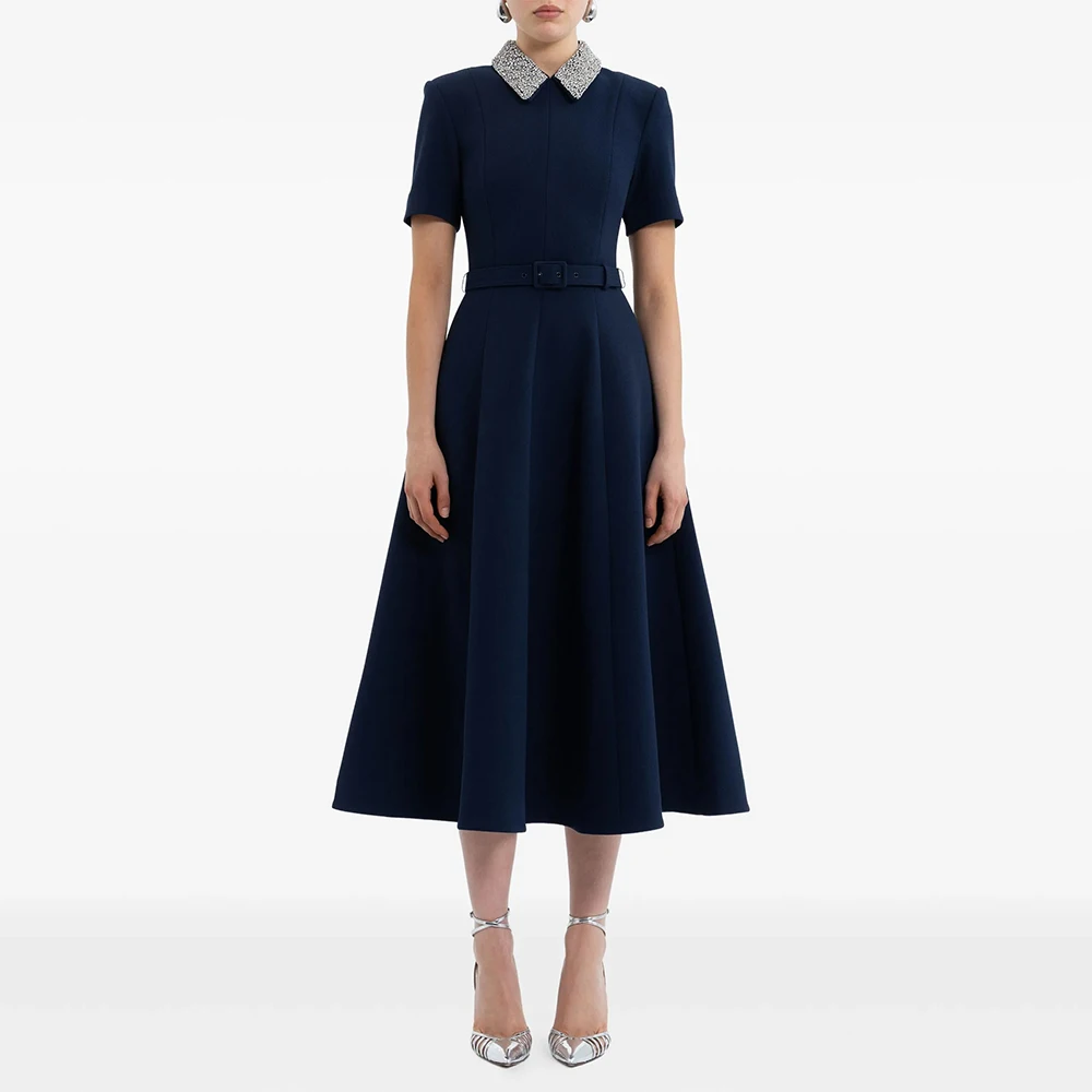 Customized Cocktail Dress Short Sleeves Crystal High Collar Modern Cocktail Gown for Lady A Line Tea Length Midi Party Dresses