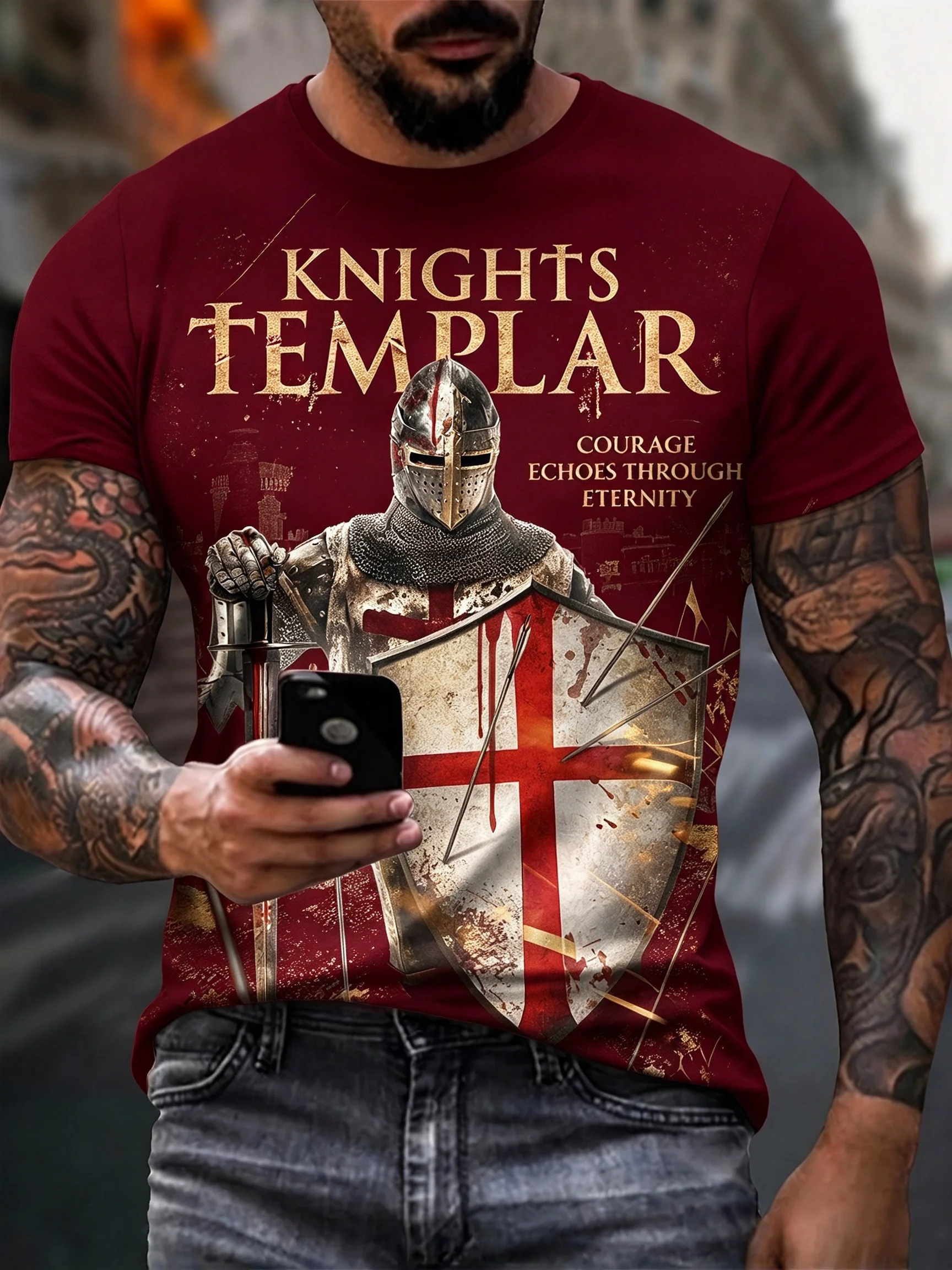 Men's Knights Templar Graphic T‑Shirt, Retro Medieval Warrior Shield Cross Print Crew Neck Short Sleeve Casual Tee for Men