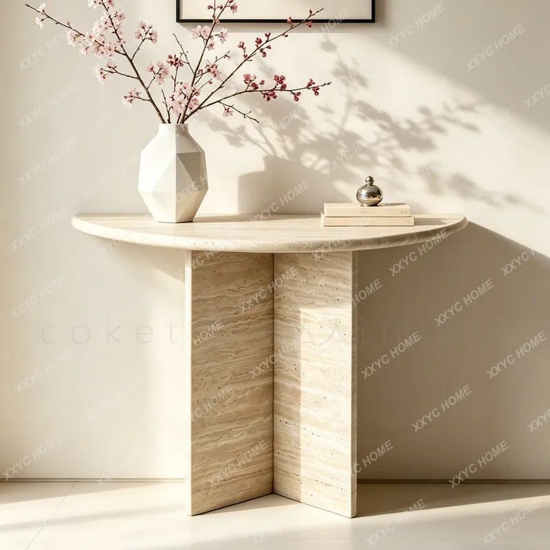 Natural marble entrance narrow strip table against the wall side table semi-circular entrance travertine storage table