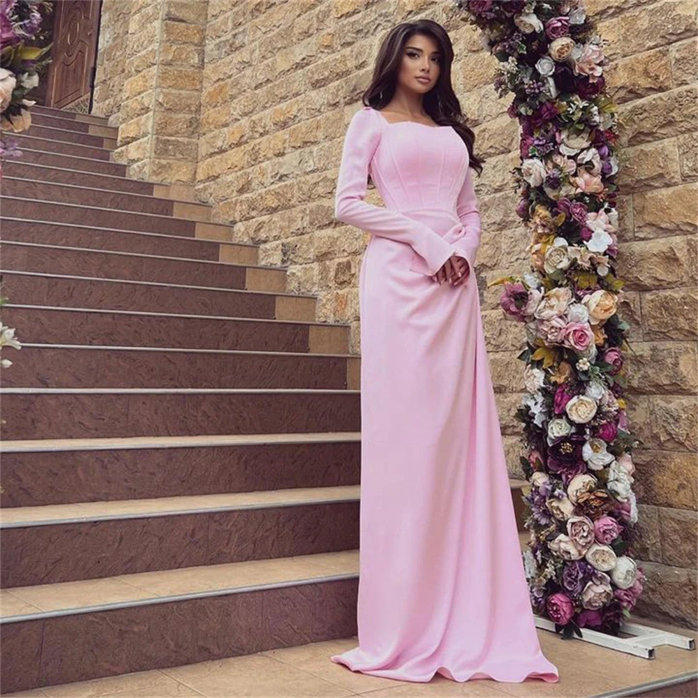 Tarot Pink Square Neck Ankle Length Evening Dresses Mermaid Long Sleeves Satin Formal Prom Party Dress Pleated vestidos de festa