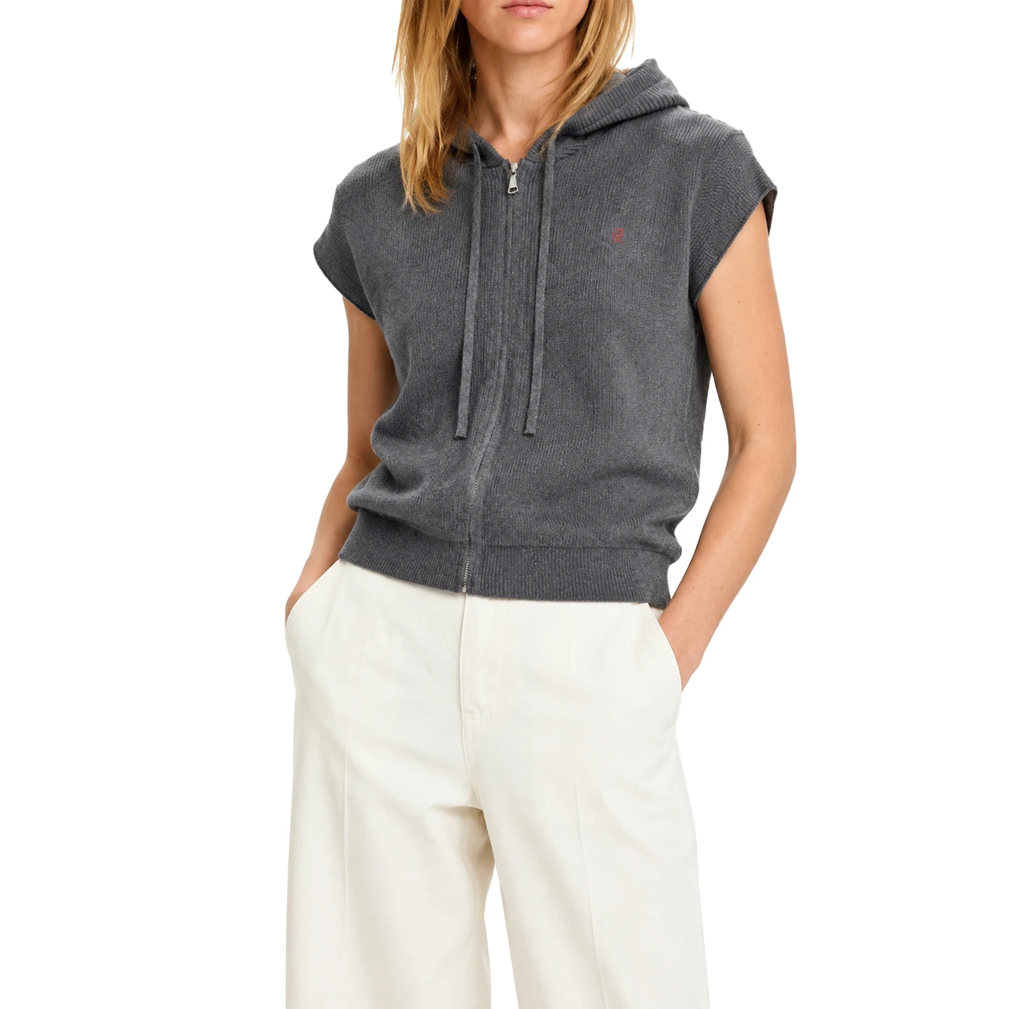 CH Logo Embroidered Premium Hooded Sleeveless Full Zip Knitted Vest Women Soft Breathable Casual Daily All Match Tops