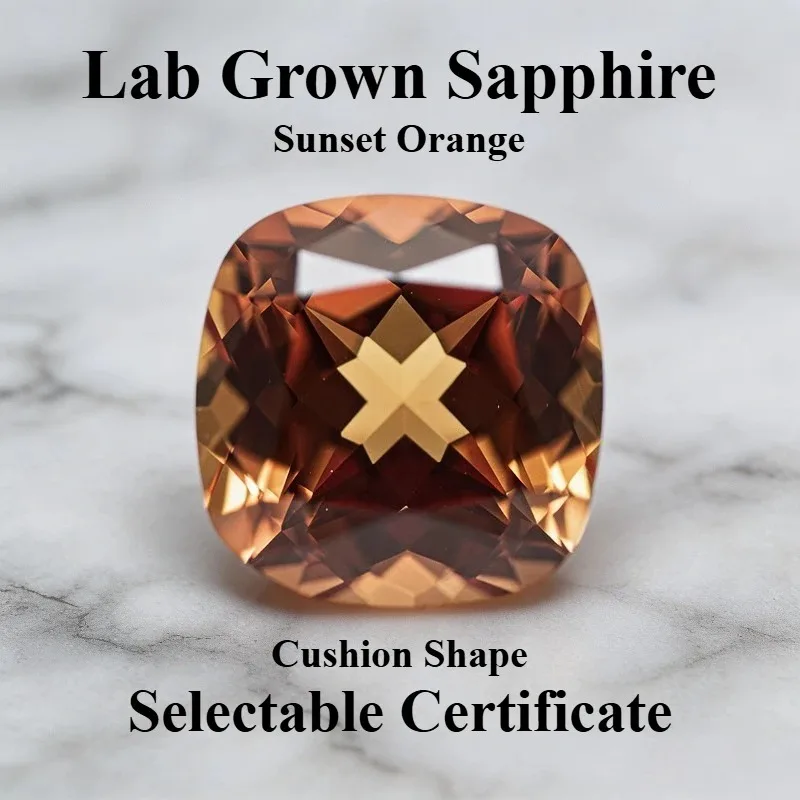 Lab Grown Sapphire Sunset Orange Color Cushion Cut Gemstone for DIY Charms Ring Necklace Earrings Making Selectable Certificate