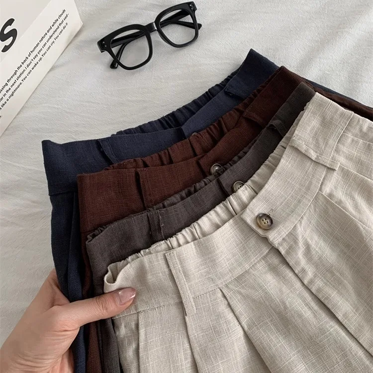 Pantalones cortos de ramio Retro lavados para mujer, pantalones coreanos versátiles en forma de A, de cintura alta, finos, de pierna ancha, de algodón y lino, para verano