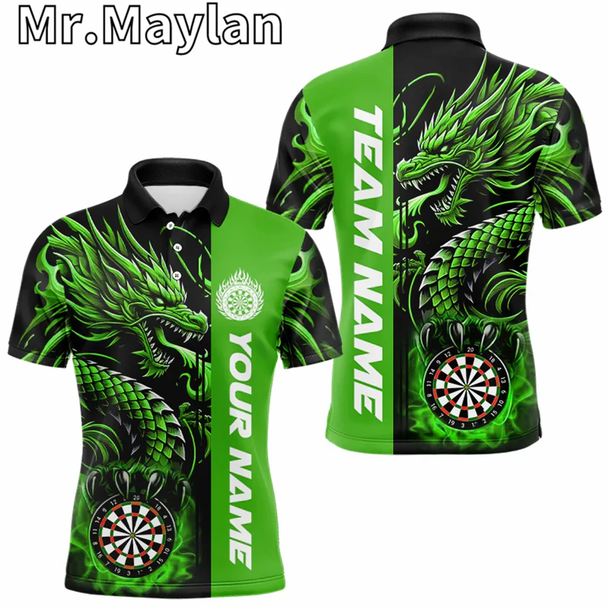 Custom Green Dragon Dart Polo Shirts For Men Personalized Name 3D Dart League Uniform Best Dart Jerseys Gifts For Darts Lovers