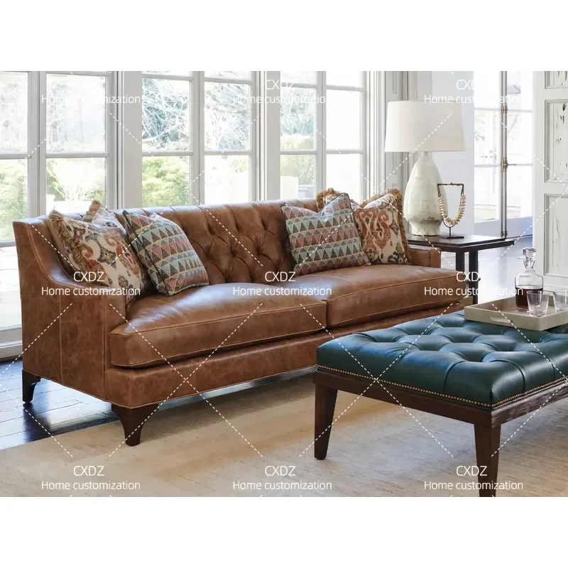 Modern Simple 3 Seater Fabric Sofa with Leather Accents Tufted Design for Living Room Customizable Comfortable Couch