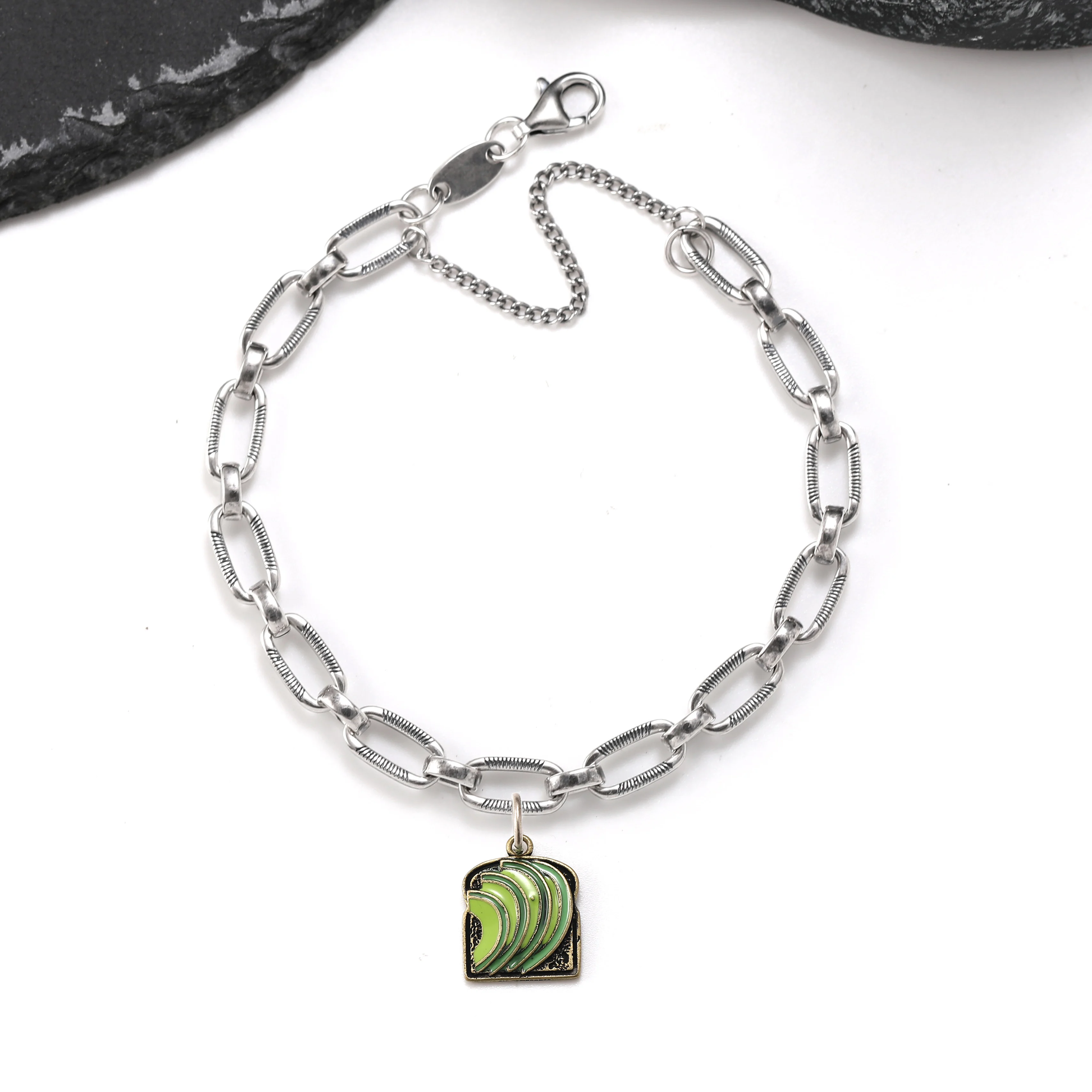 Genuine 925 sterling silver exquisite Ornate Links Charm Bracelet paired with Enamel avocado toast pendant