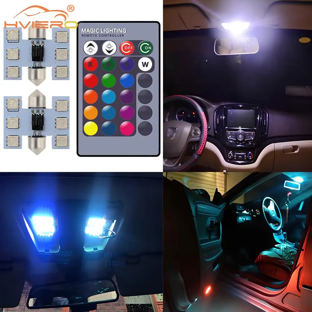 Roof Dome Festoon Reading Lamp, Auto, Controle Remoto, Atmosfera Led, Welcome Lights, Turn Signal, Trunk Bulb, C5W, 6SMD, 2pcs