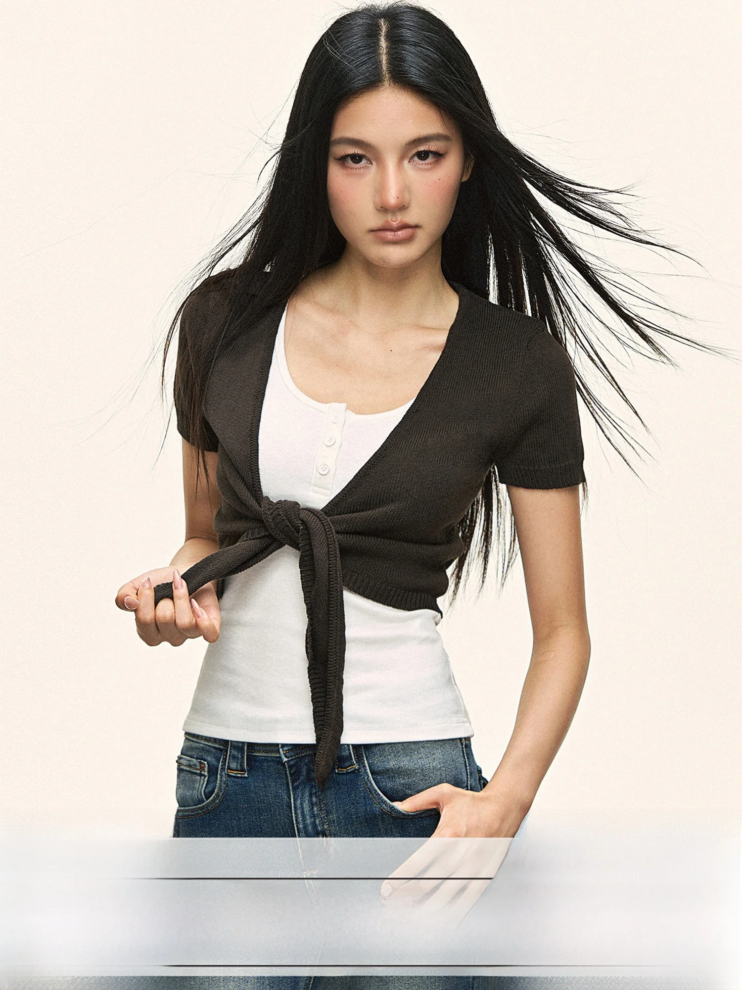 

Korean Sle ort Sve Knitted Cardigan Women's oulder Wrap Waist Cinched Slimming Hot Girl Top Layered Summer Faion