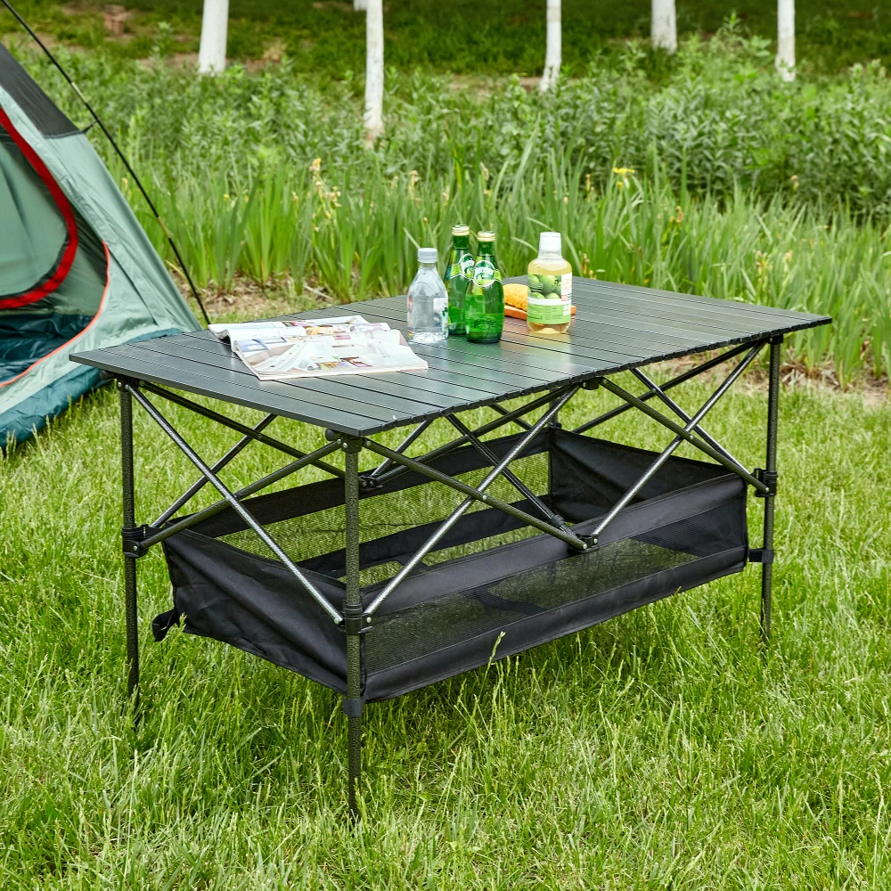 

1-piece Folding Outdoor Table Lightweight Aluminum Roll-up Rectangular 120lbs Black Carrying Bag Storage Basket Indoor Outdoor