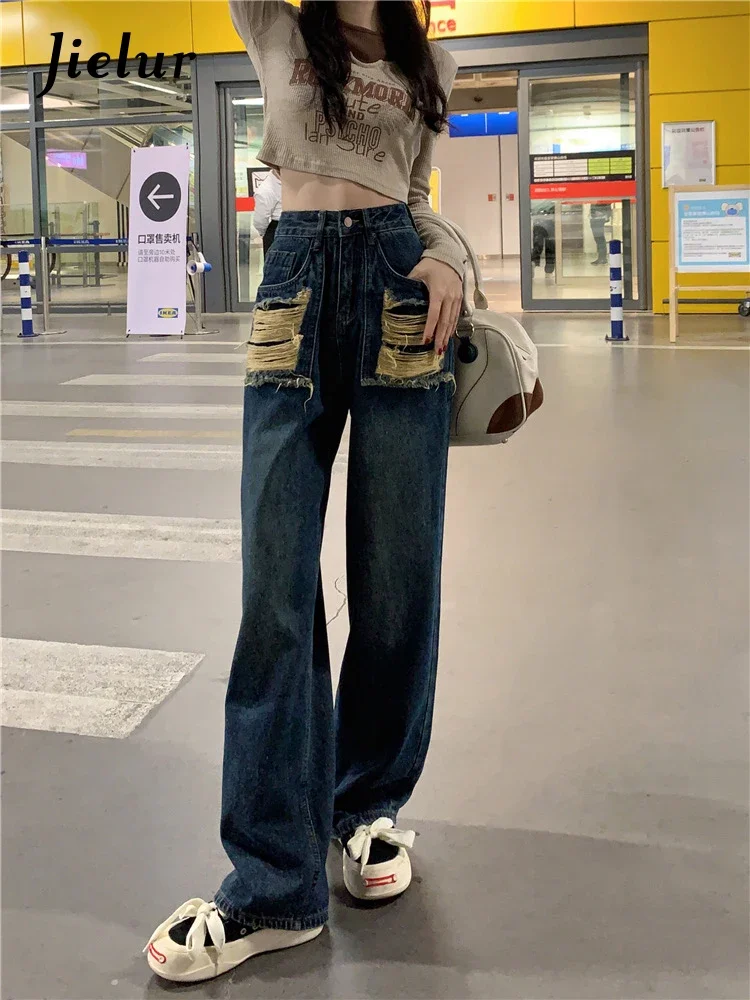 

Jielur Loose Wide Leg High Waist Denim Pants Lady Vintage Ripped Holes Blue Jeans Women Washed Cool Trousers Female Streetwear