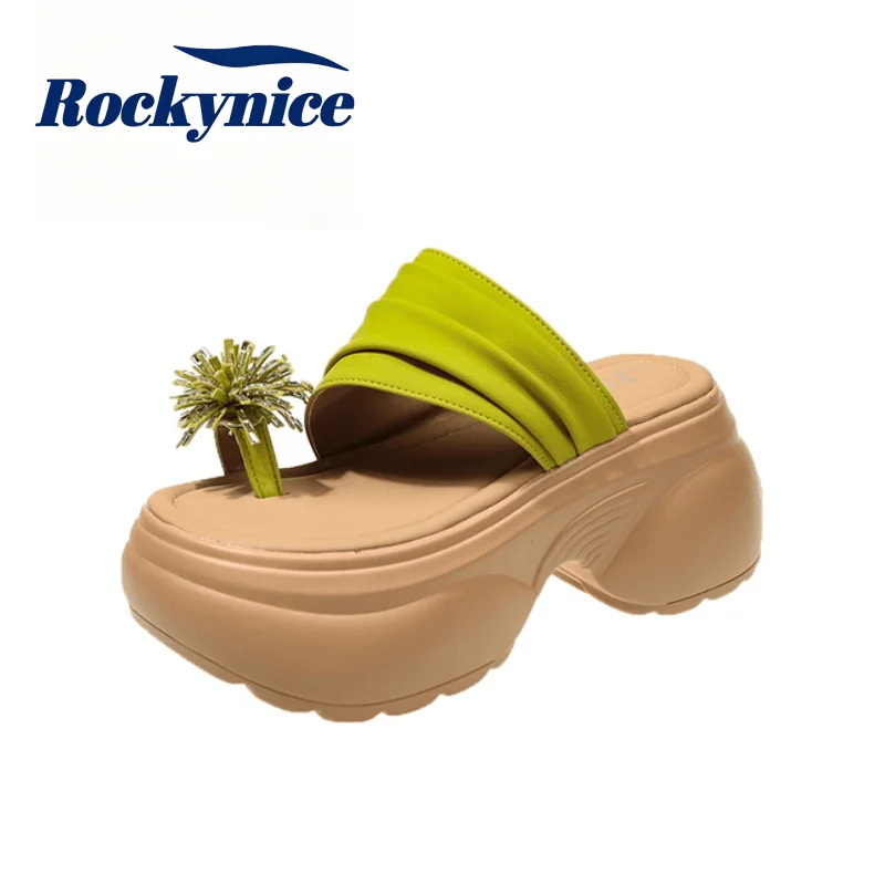 New 2026 Summer Women Clip Toe Platform Sandals Pleated Chunky Wedge Heel Slides Mules Casual Beach Party Slippers Leather Shoes