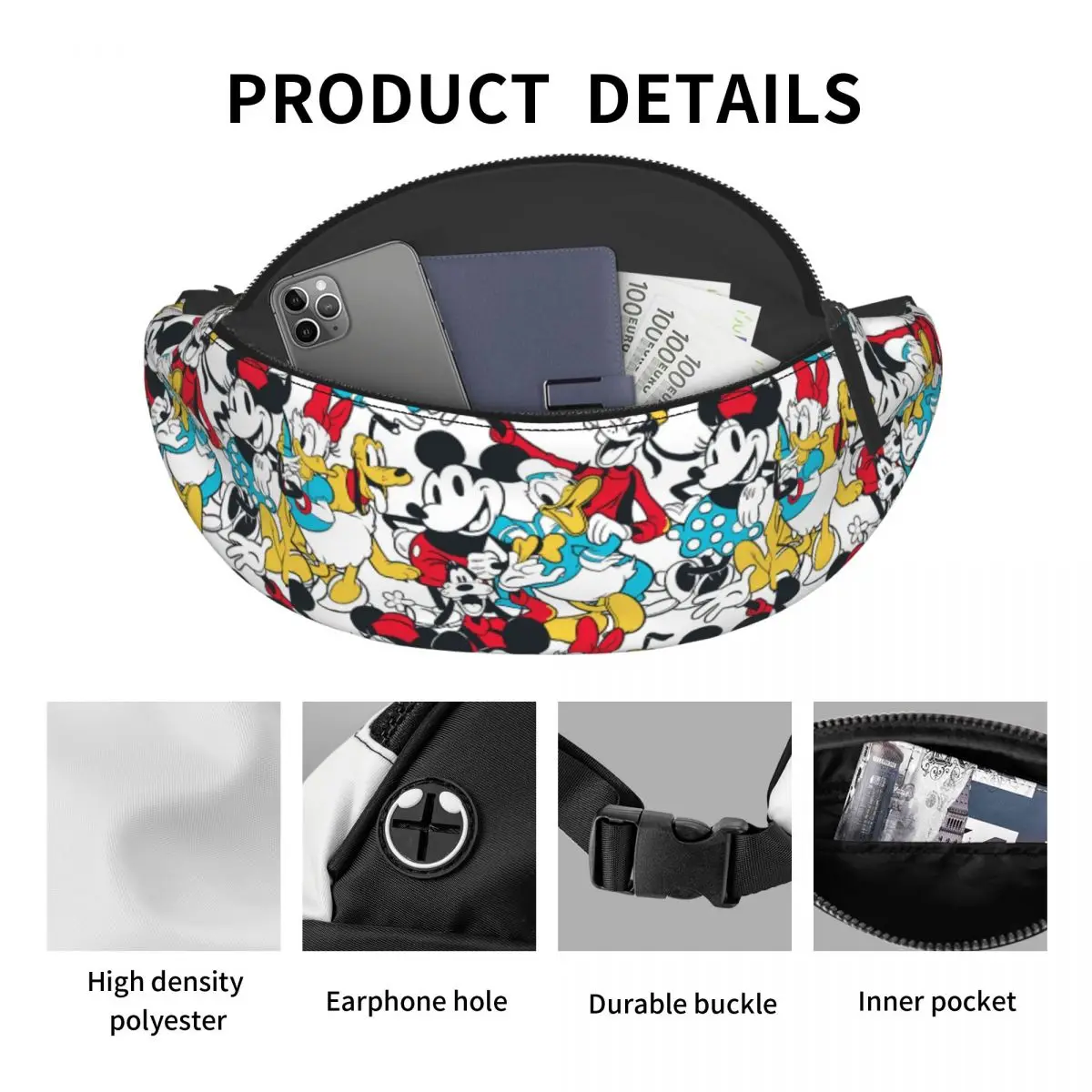 Custom Mickey Mouse Donald Duck Cartoon Fanny Pack Vrouwen Mannen Crossbody Heuptas Voor Reizen Fietsen Telefoon Geld Zakje