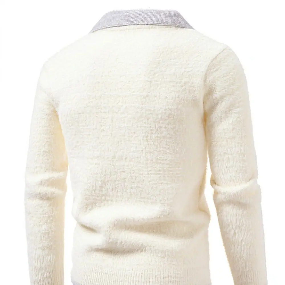 Mens Fashion Pullover Knit Sweater Polo Neck Fake Two Piece Long Sleeve Casual Warm Winter Apparel Contrast Top