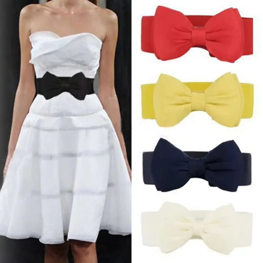 1Pcs Durable Big Bowknot Waist Belt Elastic Stretch Buckle Bow Waistband Wide Satin Bow Belt for Girls Lady Women