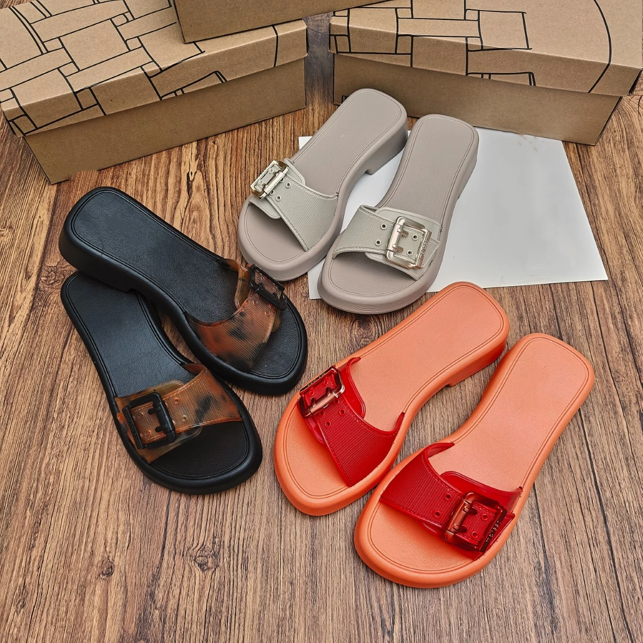 

Женские прозрачные туфли на высоком каблуке, крутые тапочки с прямой пряжкой для взрослых, нескользящие пляжные тапочки на наклонном каблуке