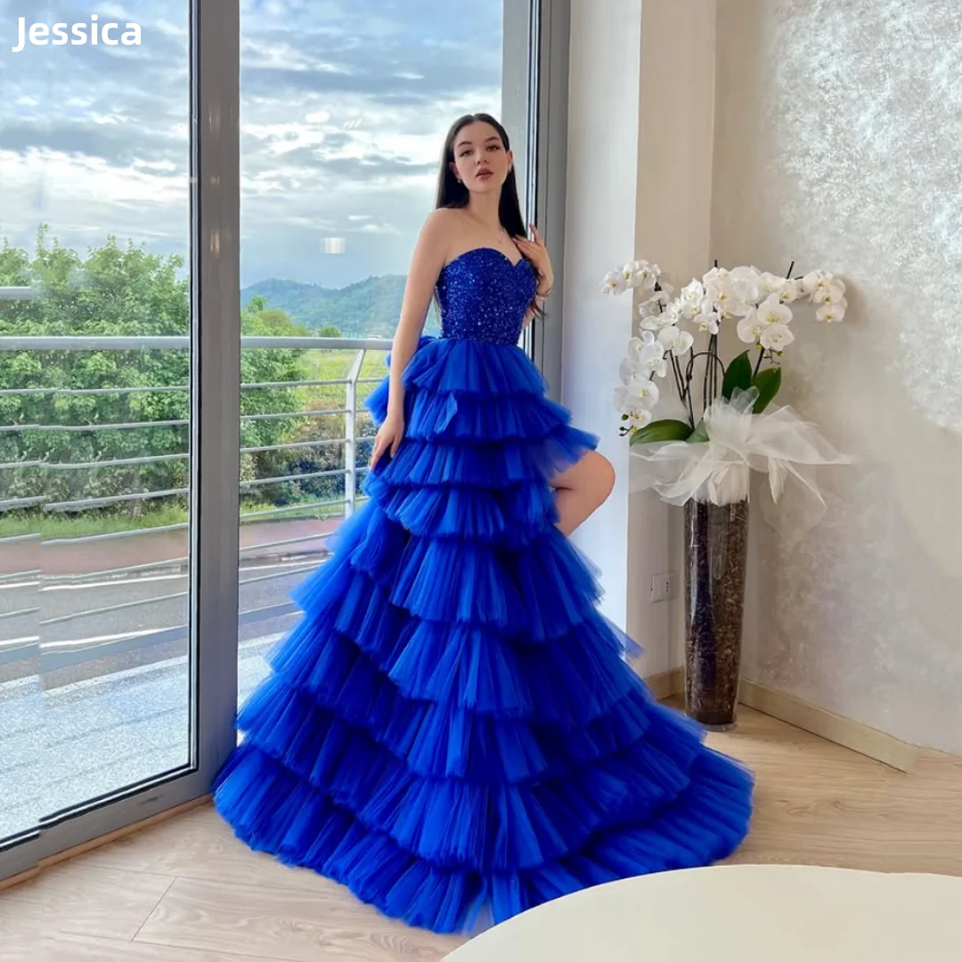 Jessica Glitter Sequins ชุดราตรีสูงและต่ํา Tulle Multi-Layer ชุดราตรีสีฟ้า Robes De Soirée ที่กําหนดเอง 2025