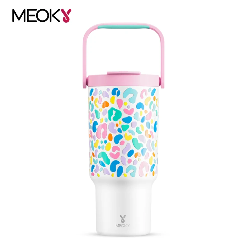 

Meoky 32oz Insulated Handle Mug Colorful Leopard Prints Long-Lasting Temperature Retention Stainless Steel Tumbler Car Mug