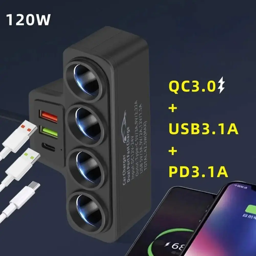 12V/24V Car Cigarette Lighter Adapter New 4-Socket 3.1A Charger Charger USB Car USB+QC3.0+PD3.1A Accessories 120W Power Outlet