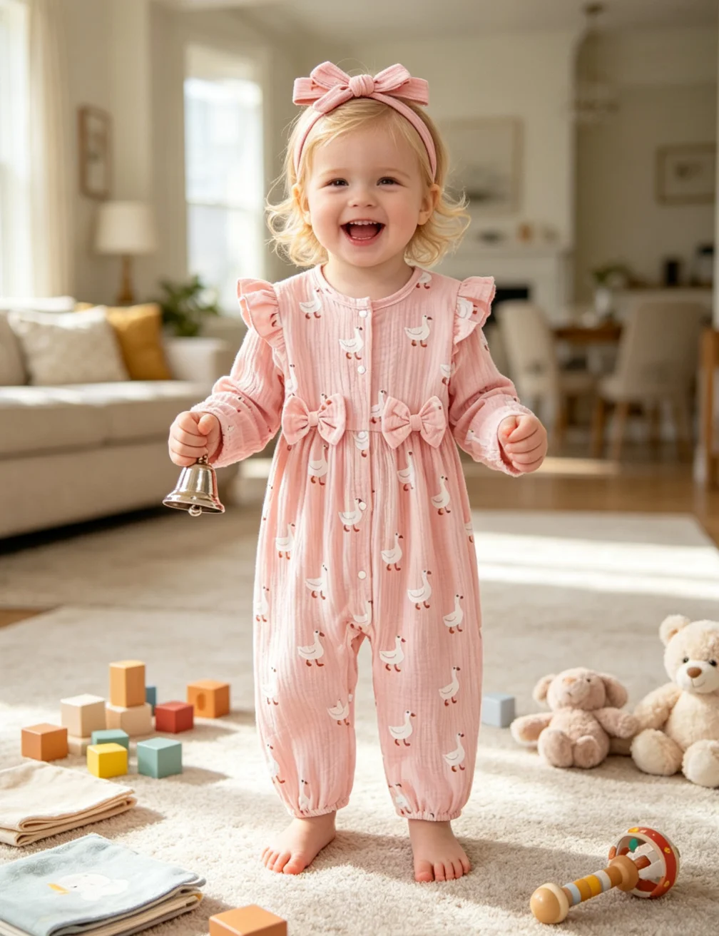 Cute Solid Long Sleeve Infant Romper Animal Print Flutter Sleeve Bow Baby Jumpsuit Daily Wear Baby Shower Gift