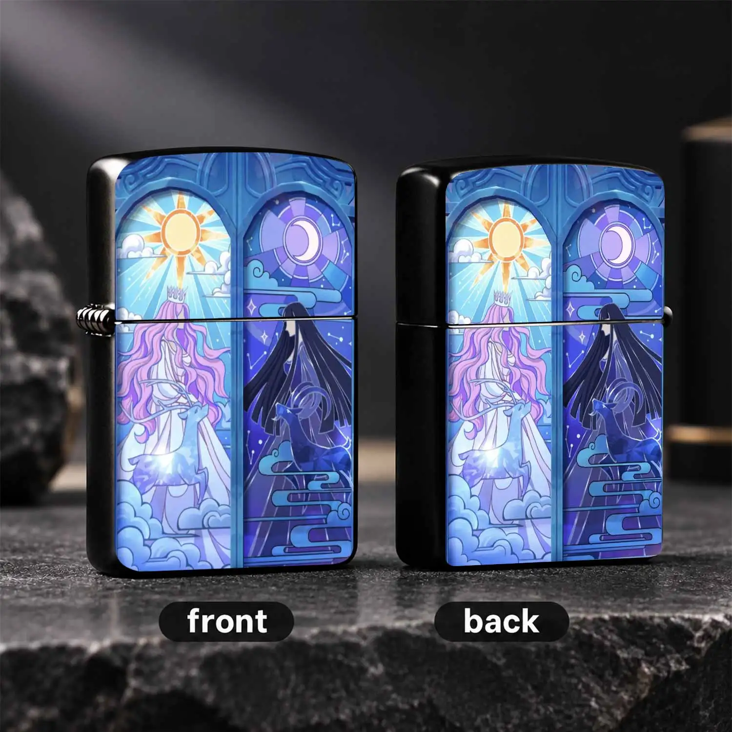 Creative, Stained Glass Style Sun Moon Goddess Pattern Translucent Relief Windproof, Pink Hair Sun Goddess White Deer Black Hair Moon Goddess Black Deer Art, Ideal For Daily Use Gifting Personal Decor A Fun And Humorous Lighter