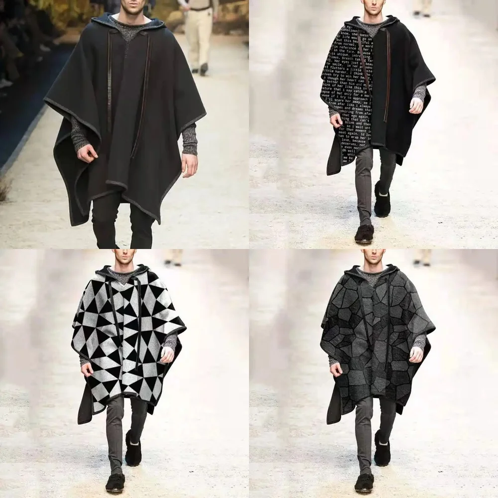 

Men's Vintage Oversized Hooded Irregular Poncho Trench Coat Fashion Outerwear with Letter Print